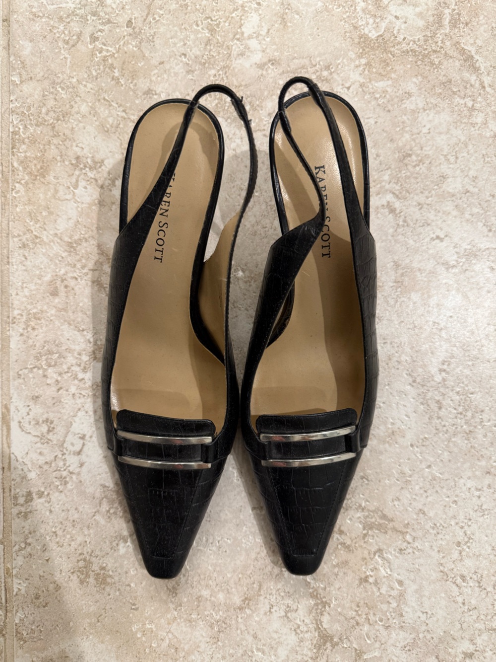 Karen Scott Black Croc-Embossed Slingback Flats with Silver Accent